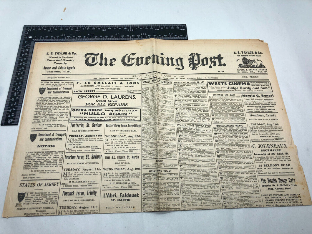 Original WW2 British Newspaper Channel Islands Occupation Jersey - August 1942