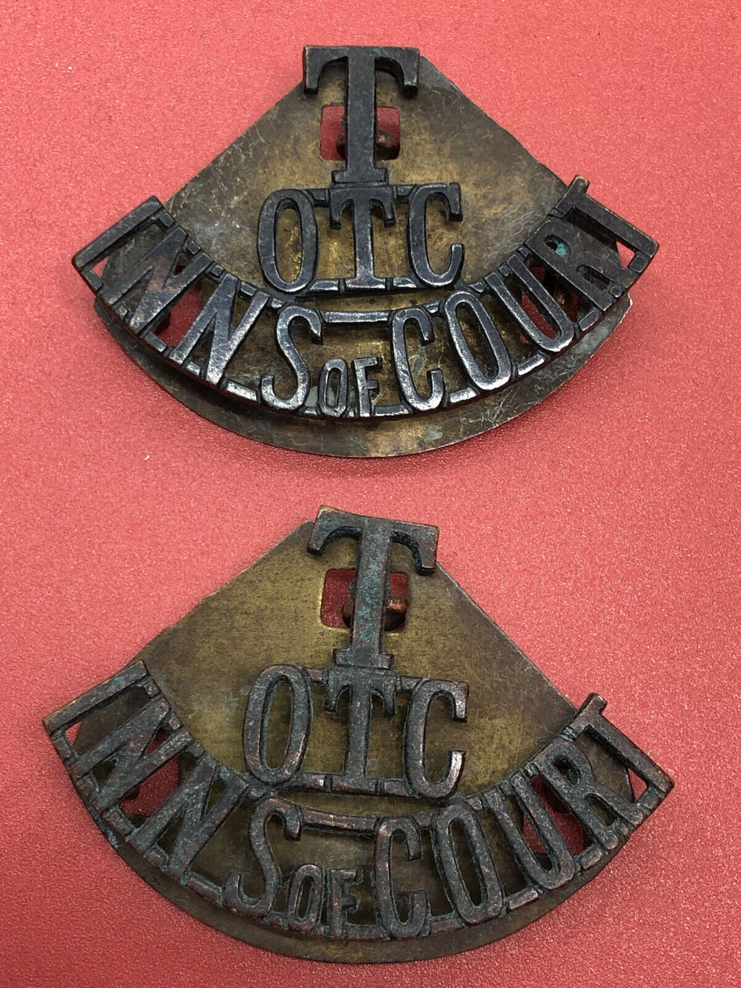 Original WW1 British Army OTC Inns of Court Territorial Shoulder Titles Pair