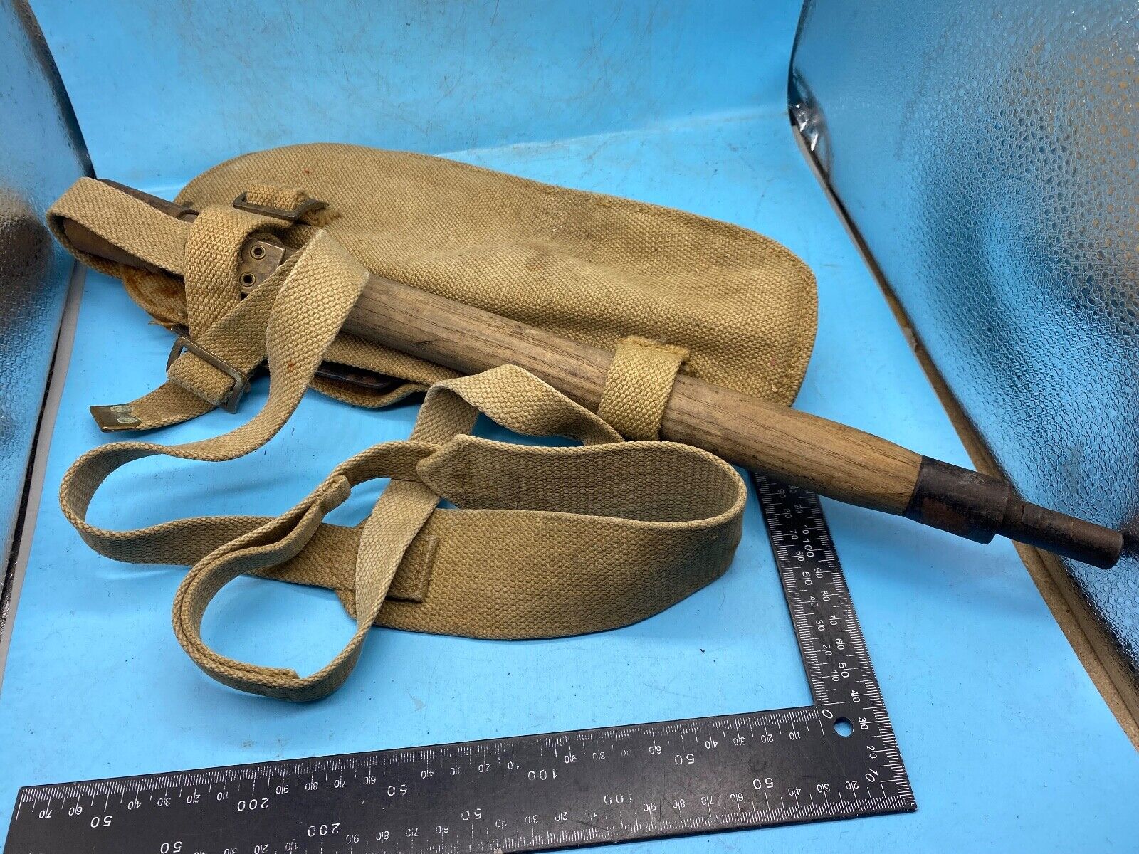 Original WW2 British Army Canvas Handle, Carrier & 1944 Dated Helve with Strap - The Militaria Shop