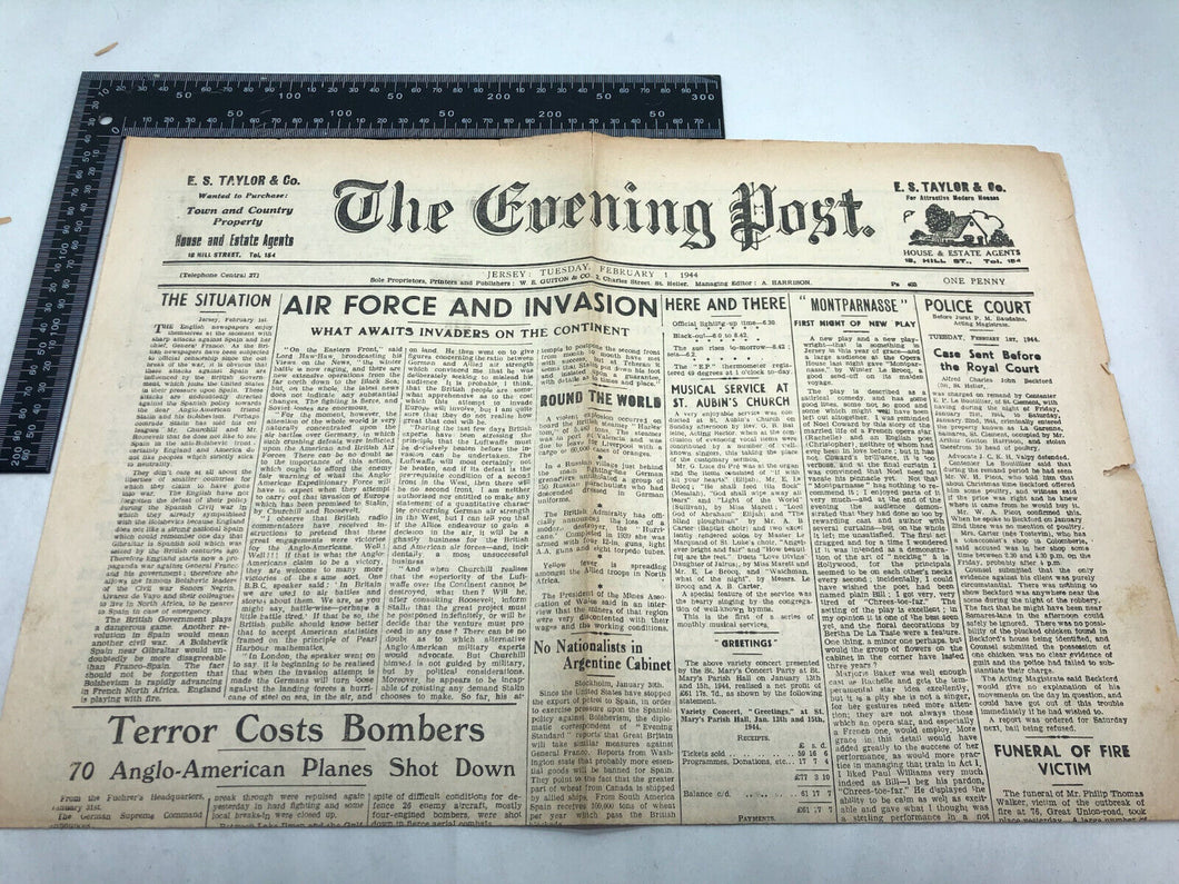 Originales britisches Zeitungstrikot aus dem 2. Weltkrieg zur Besetzung der Kanalinseln – Februar 1944 