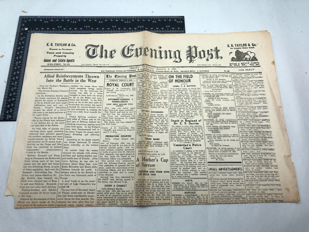 Original WW2 British Newspaper Channel Islands Occupation Jersey - March 1945