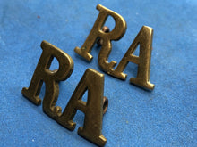 Load image into Gallery viewer, Original WW2 British Army Royal Artillery RA Brass Shoulder Titles Pair
