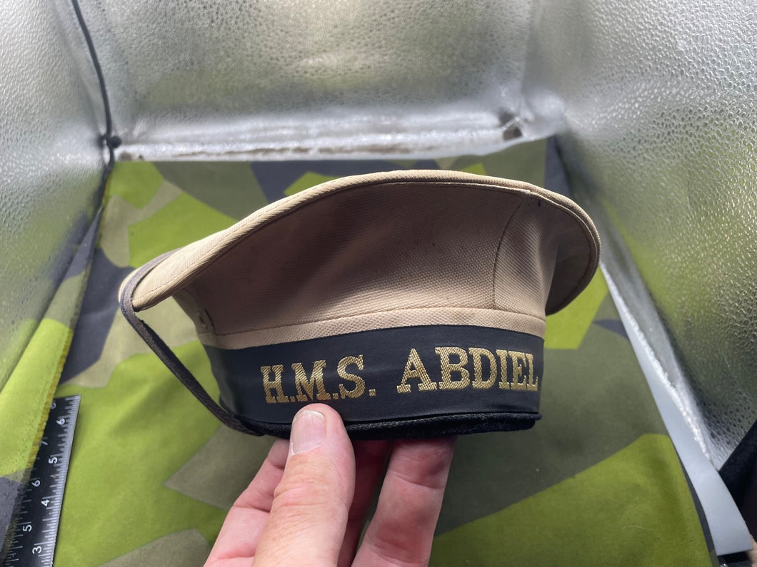 Vintage British Royal Navy Ratings White Cap with HMS Abdiel Cap Tally - 53cm - The Militaria Shop