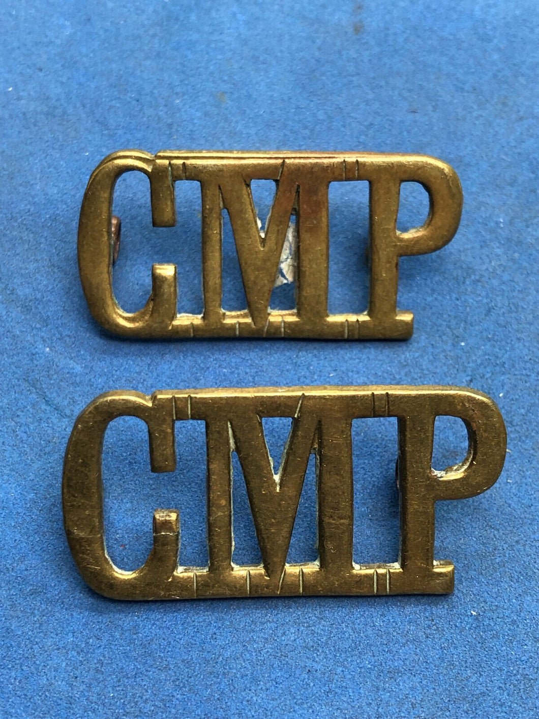 Original Pair WW2 British Army Corps Military Police CMP Brass Shoulder Titles