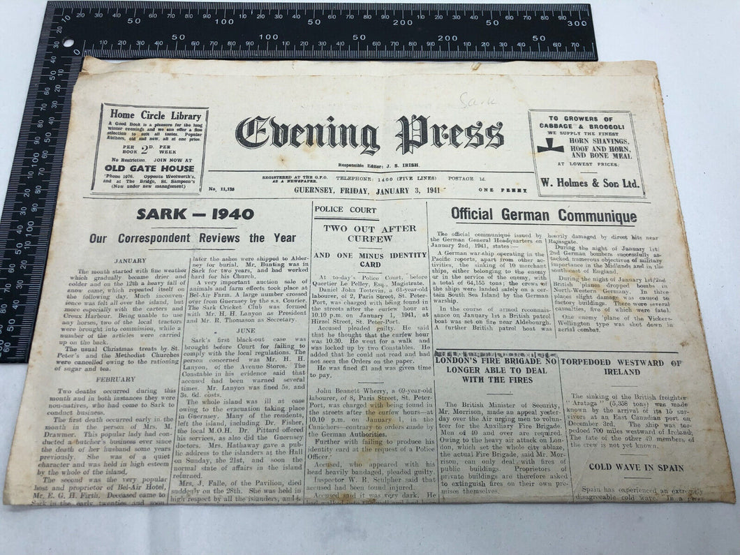 Original WW2 British Newspaper Channel Islands Occupation Guernsey - Jan 1941