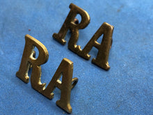 Load image into Gallery viewer, Original WW2 British Army Royal Artillery RA Brass Shoulder Titles Pair
