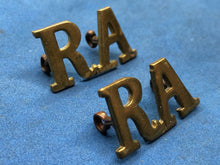 Load image into Gallery viewer, Original WW1 / WW2 British Army Royal Artillery RA Brass Shoulder Titles Pair
