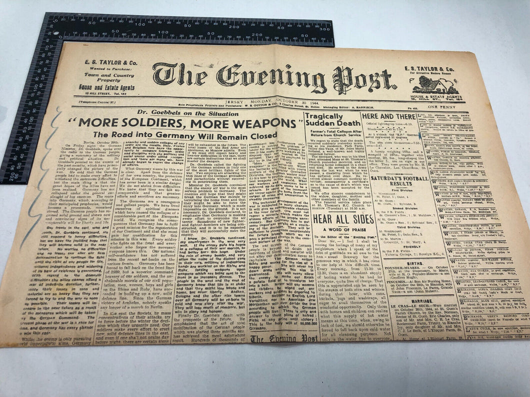 Original WW2 British Newspaper Channel Islands Occupation Jersey - October 1944