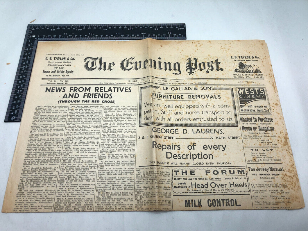 Original WW2 British Newspaper Channel Islands Occupation Jersey - March 1941