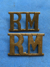 Load image into Gallery viewer, Original WW2 British Royal Navy Royal Marines Brass Shoulder Titles Pair
