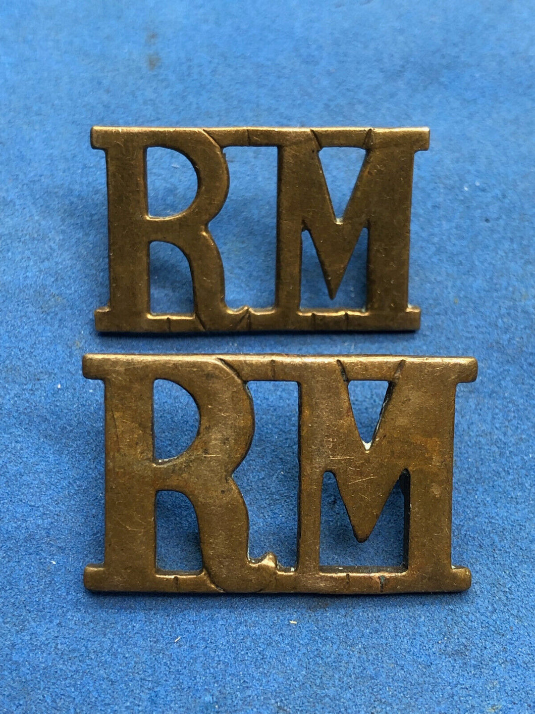 Original WW2 British Royal Navy Royal Marines Brass Shoulder Titles Pair