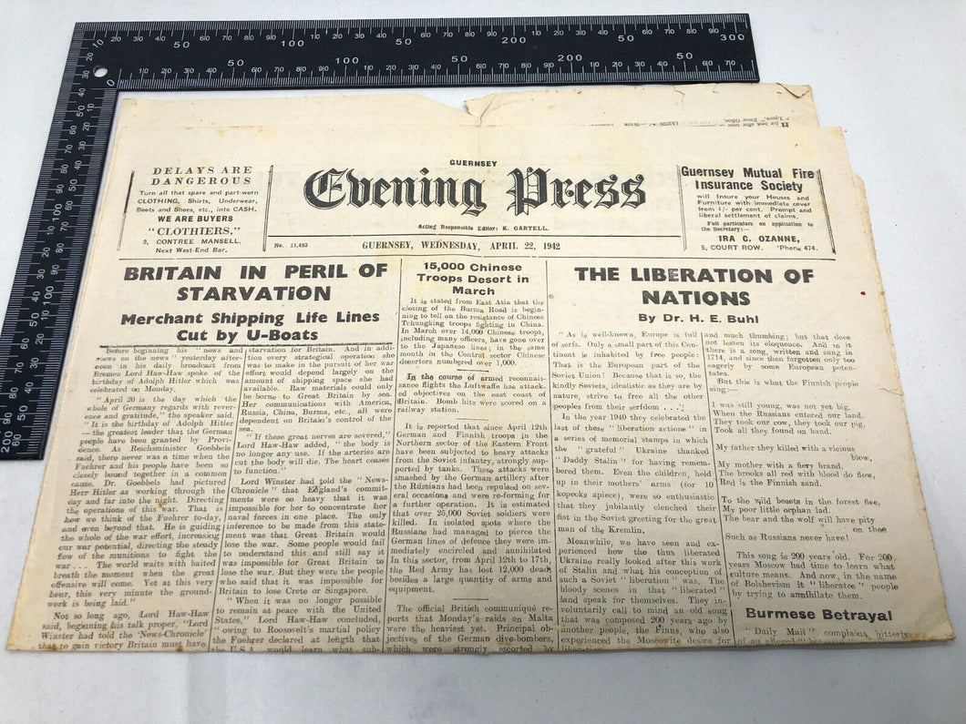 Original WW2 British Newspaper Channel Islands Occupation Guernsey - April 1942