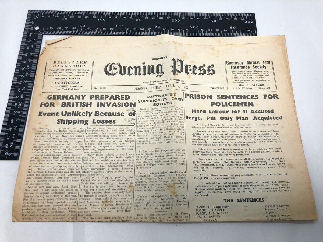 Original WW2 British Newspaper Channel Islands Occupation Guernsey - April 1942