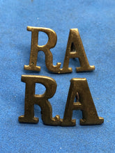 Load image into Gallery viewer, Original WW2 British Army Royal Artillery RA Brass Shoulder Titles Pair
