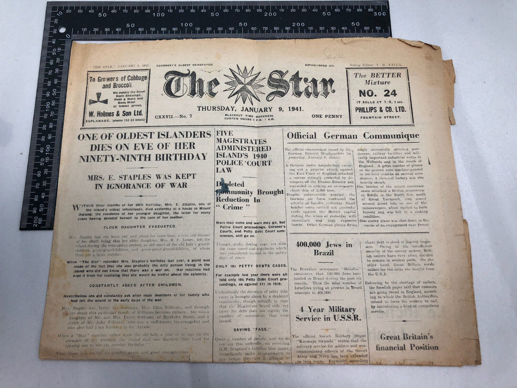 Original britische Zeitung aus dem 2. Weltkrieg: Besetzung der Kanalinseln in Guernsey – Januar 1941 