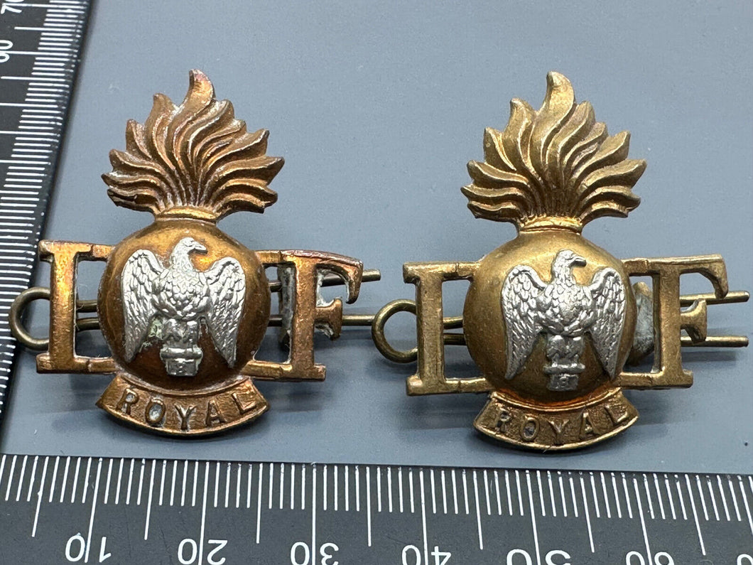 Original WW1 / WW2 British Army Royal Irish Fusiliers Brass Collar Badges