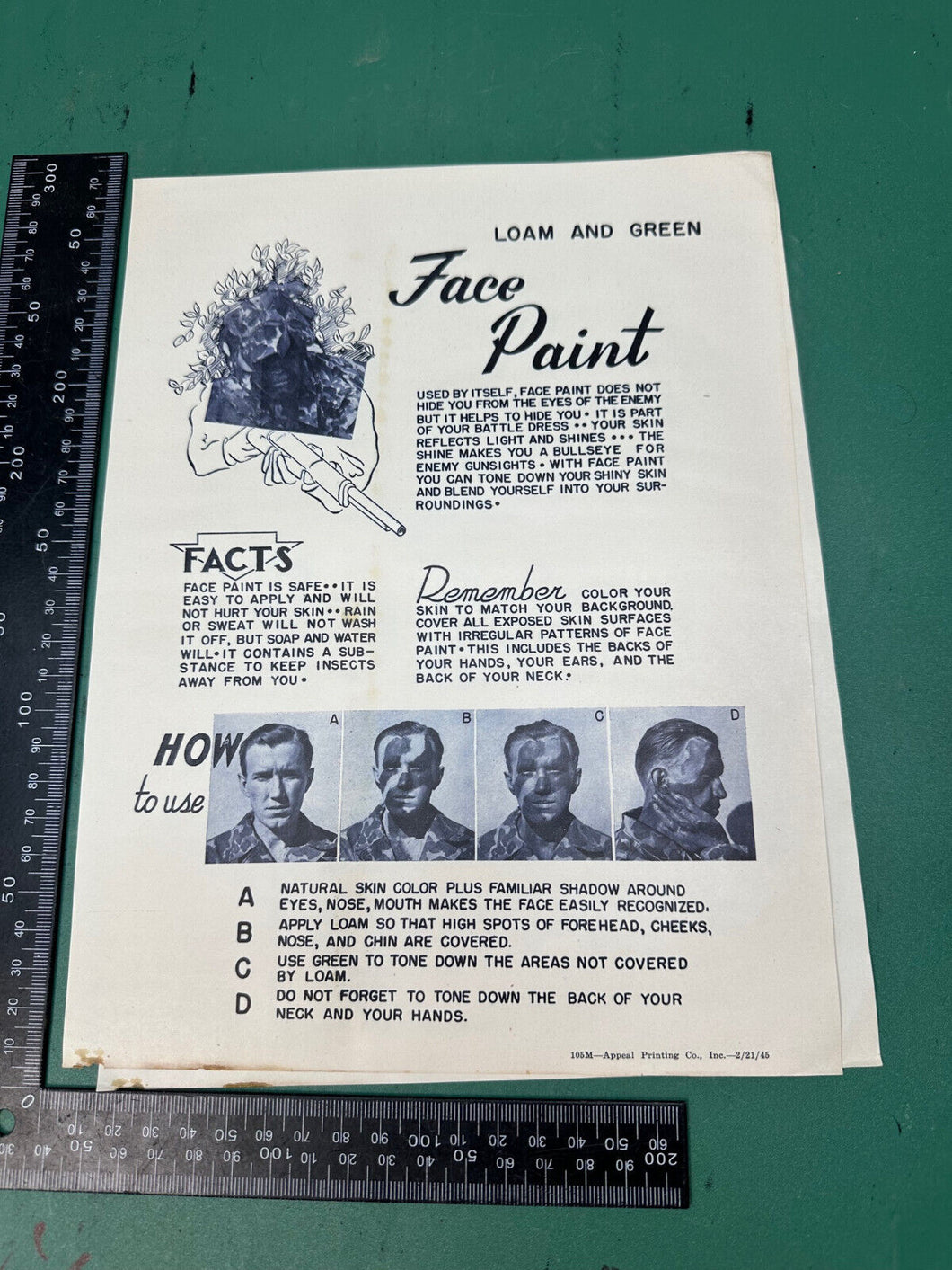 Original WW2 US Army Face Paint Instruction Sheet