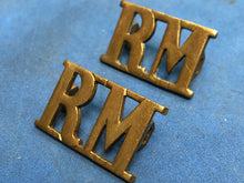 Load image into Gallery viewer, Original Pair WW1/WW2 Brass British Royal Navy Shoulder Title - RM Royal Marines
