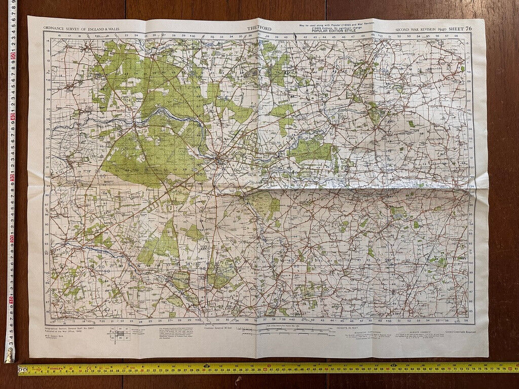 Original WW2 British Army GSGS Os Map of Great Britain - Thetford - The Militaria Shop
