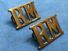 Load image into Gallery viewer, Original Pair WW1/WW2 Brass British Royal Navy Shoulder Title - RM Royal Marines
