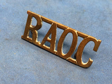 Load image into Gallery viewer, Original WW2 Brass British Army Shoulder Title RAOC Army Ordnance Corps
