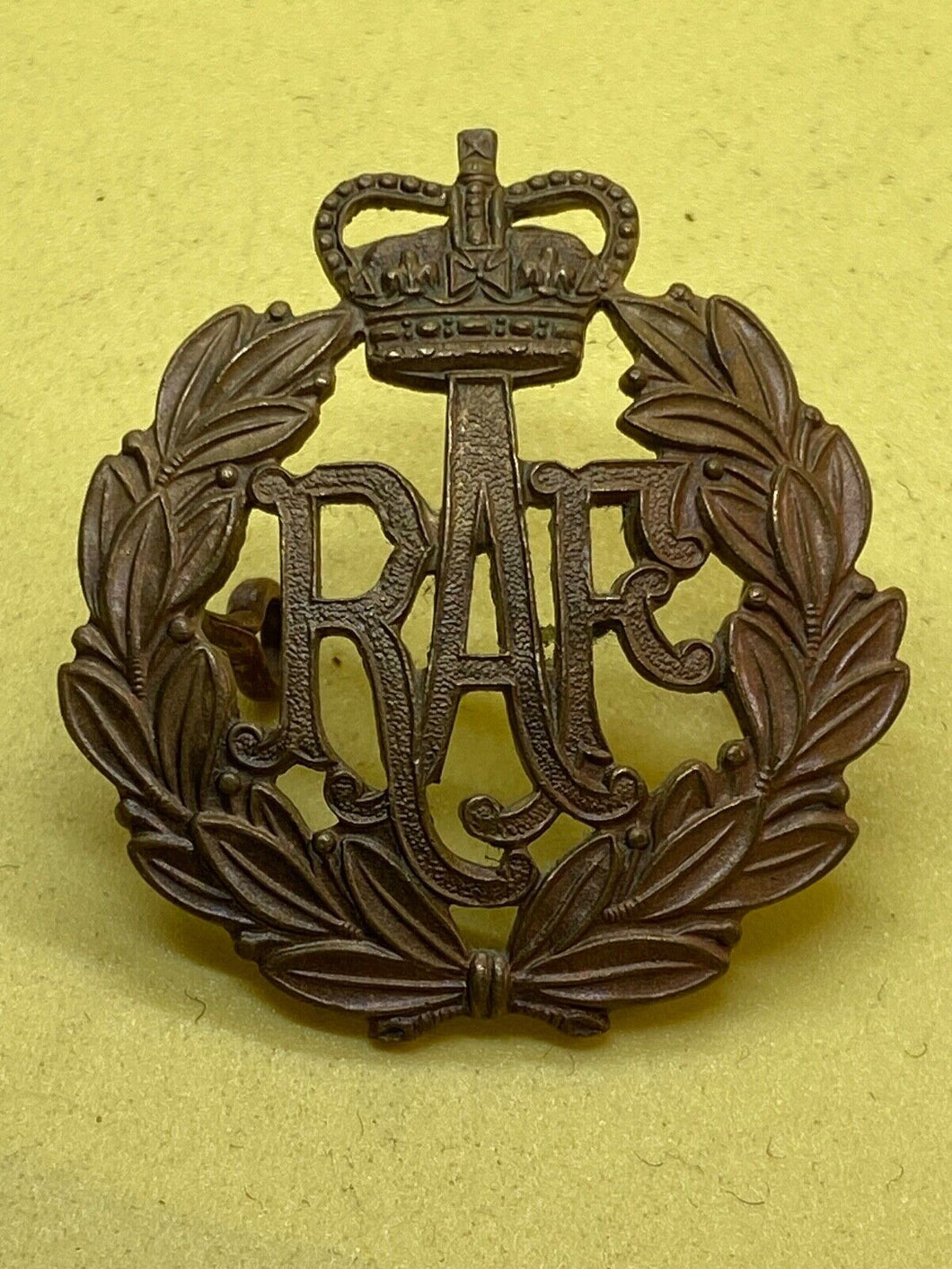 Original Queens Crown RAF Royal Air Force Brass Cap Badge