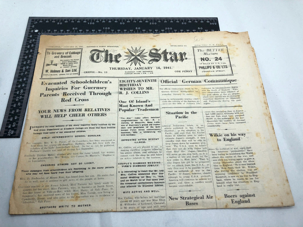 Original WW2 British Newspaper Channel Islands Occupation Guernsey - Jan 1941