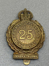 Load image into Gallery viewer, Original British Army WW1 Country of London 25th Cyclist Corps Cap Badge
