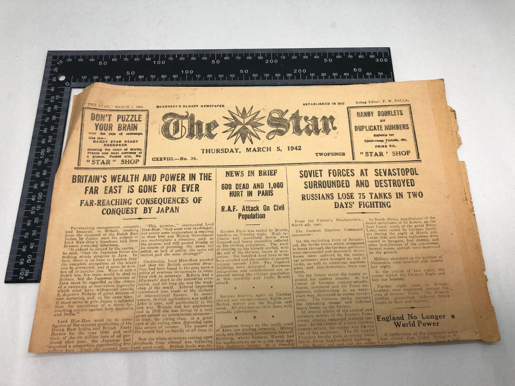 Original WW2 British Newspaper Channel Islands Occupation Guernsey - March 1942