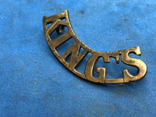 Load image into Gallery viewer, Original WW2 British Army King&#39;s Liverpool Regiment KING&#39;S Brass Shoulder Title
