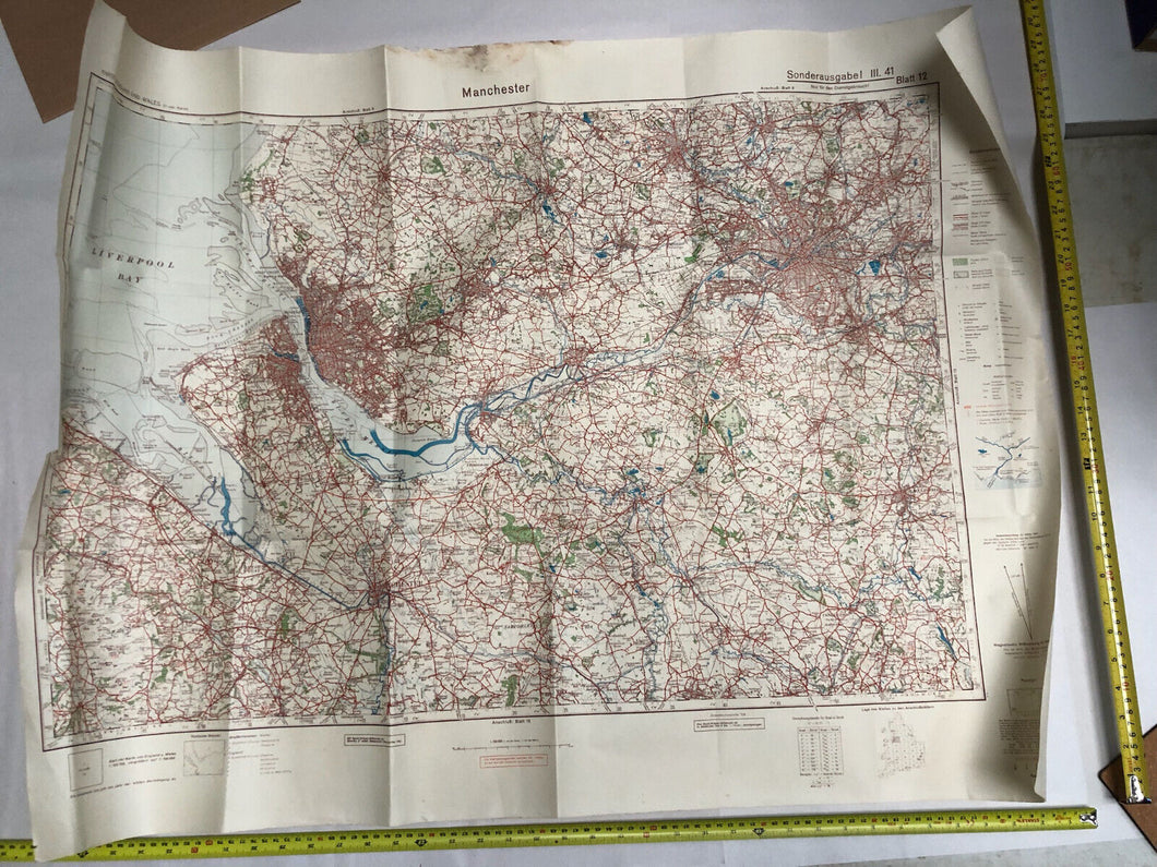 Original WW2 German Army Map of UK - Manchester / Liverpool / North West England