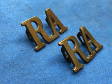 Load image into Gallery viewer, Original WW1 / WW2 British Army Royal Artillery RA Brass Shoulder Titles Pair
