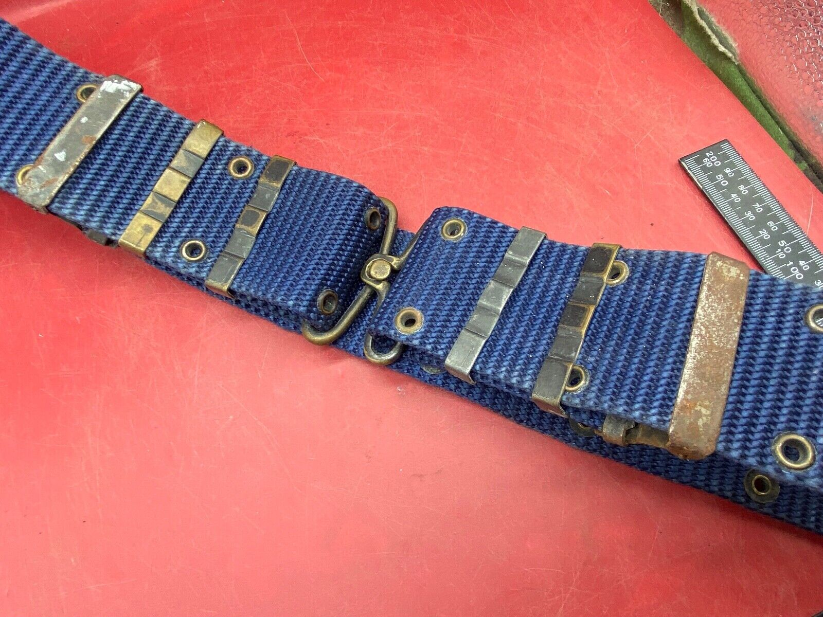 Interesting Large Size Blue Canvas Military Belt in Good Condition - Approx 44" - The Militaria Shop
