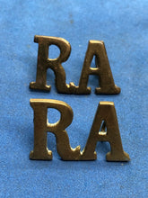 Load image into Gallery viewer, Original WW2 British Army Royal Artillery RA Brass Shoulder Titles Pair
