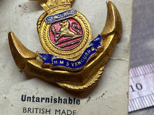 Load image into Gallery viewer, Original British Royal Navy HMS VANGUARD Enamel &amp; Gilt Sweetheart Brooch on Card
