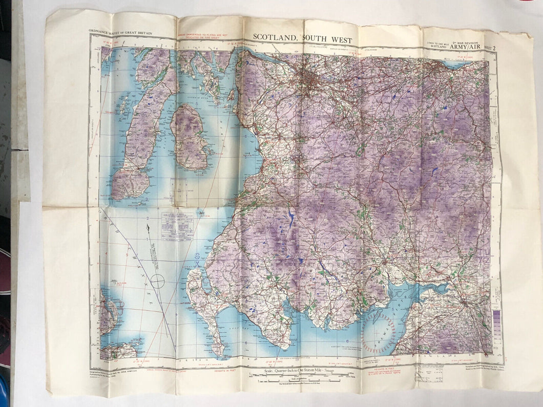 Original WW2 British Army / RAF Map Showing RAF Bases - South West Scotland