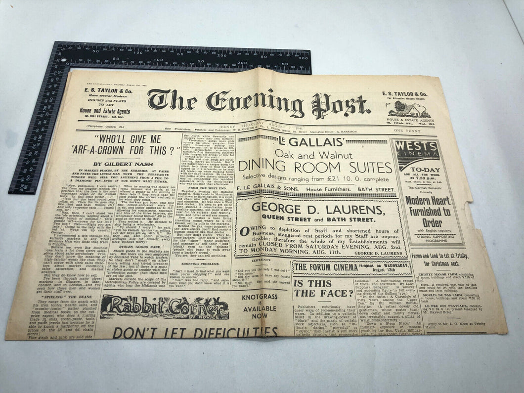 Original WW2 British Newspaper Channel Islands Occupation Jersey - August 1941