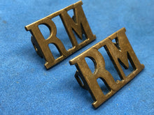 Load image into Gallery viewer, Original WW2 British Royal Navy Royal Marines Brass Shoulder Titles Pair
