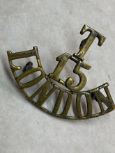 Load image into Gallery viewer, Original WW1 British Army 15th London Territorial Battalion Brass Shoulder Title
