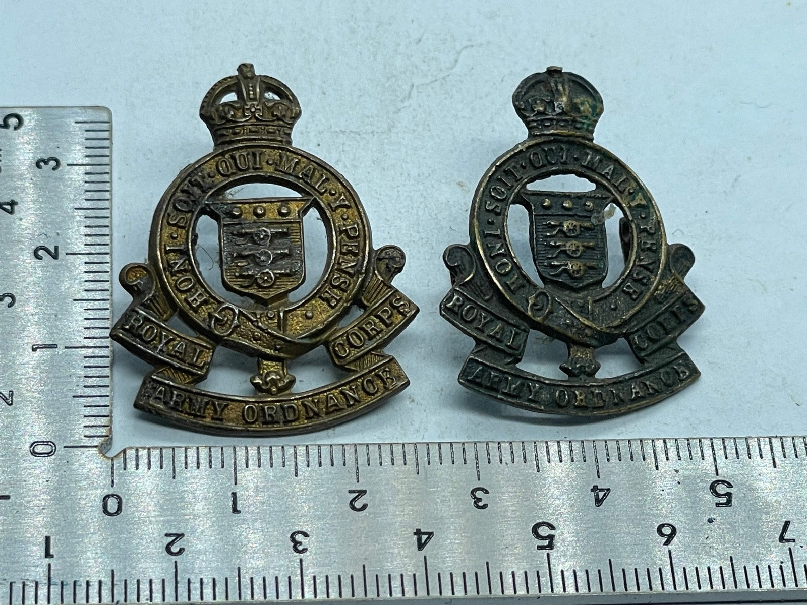 Original Pair WW1 / WW2 British Army - Royal Army Ordnance Corps Collar Badges - The Militaria Shop