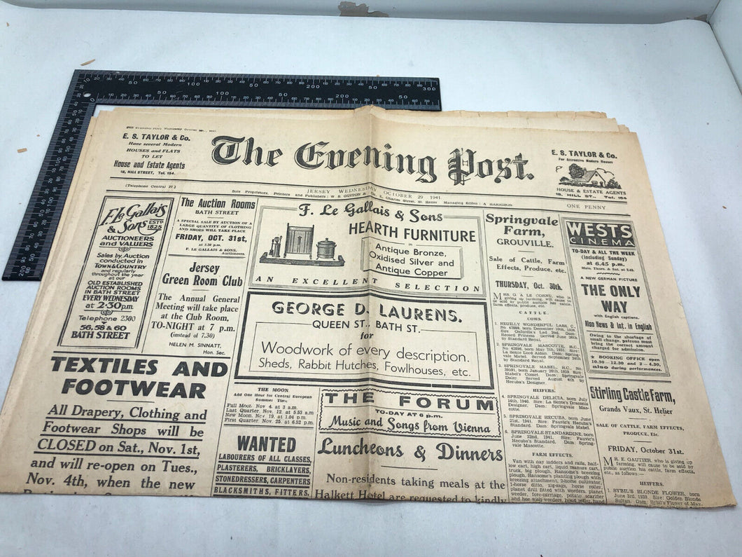 Original WW2 British Newspaper Channel Islands Occupation Jersey - October 1941