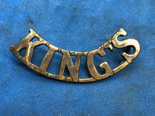 Load image into Gallery viewer, Original WW2 British Army King&#39;s Liverpool Regiment KING&#39;S Brass Shoulder Title
