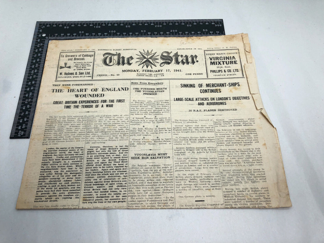 Original WW2 British Newspaper Channel Islands Occupation Guernsey - Feb 1941