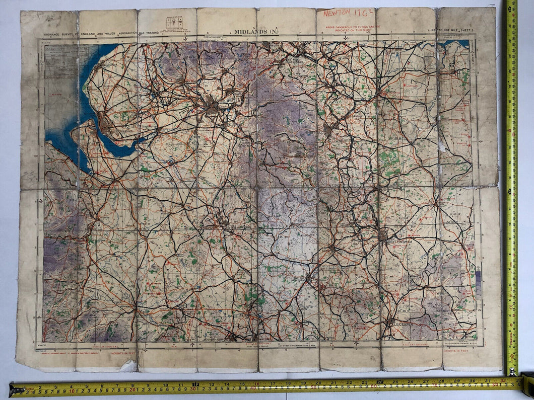 Original WW2 British Army / RAF Map Showing RAF Bases - Midlands North