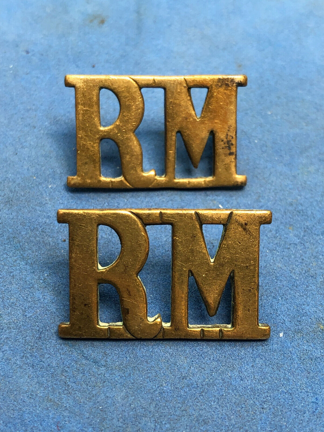 Original Pair WW1/WW2 Brass British Royal Navy Shoulder Title - RM Royal Marines
