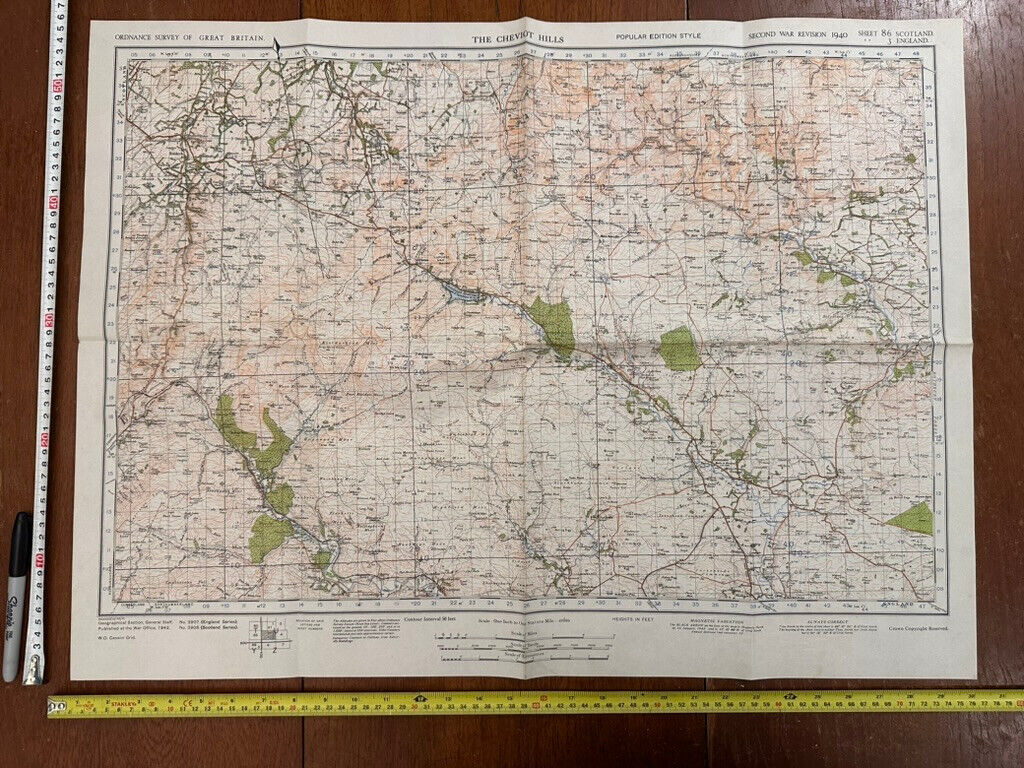 Original WW2 British Army GSGS Map of Scotland - The Cheviot Hills - The Militaria Shop