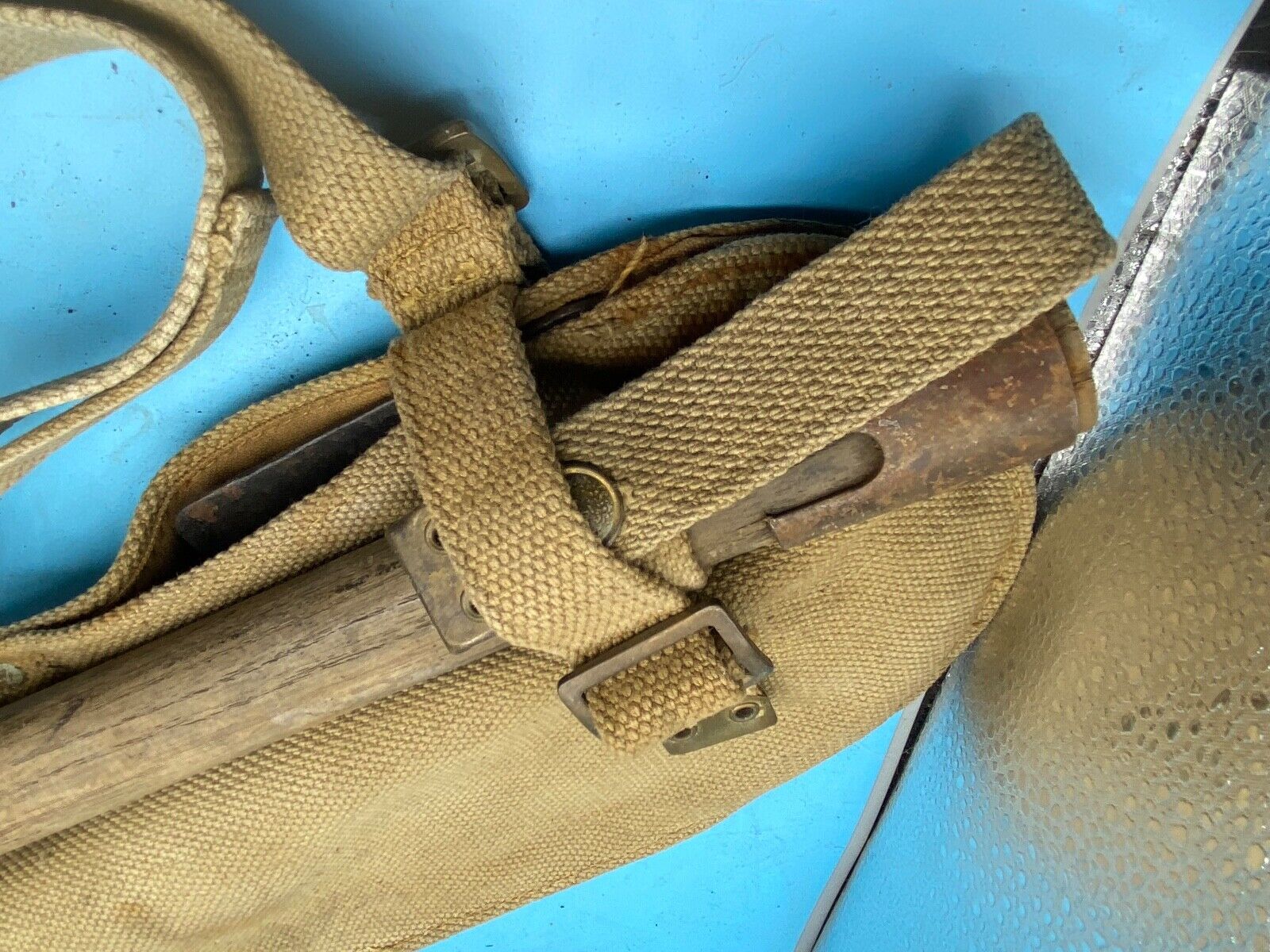 Original WW2 British Army Canvas Handle, Carrier & 1944 Dated Helve with Strap - The Militaria Shop