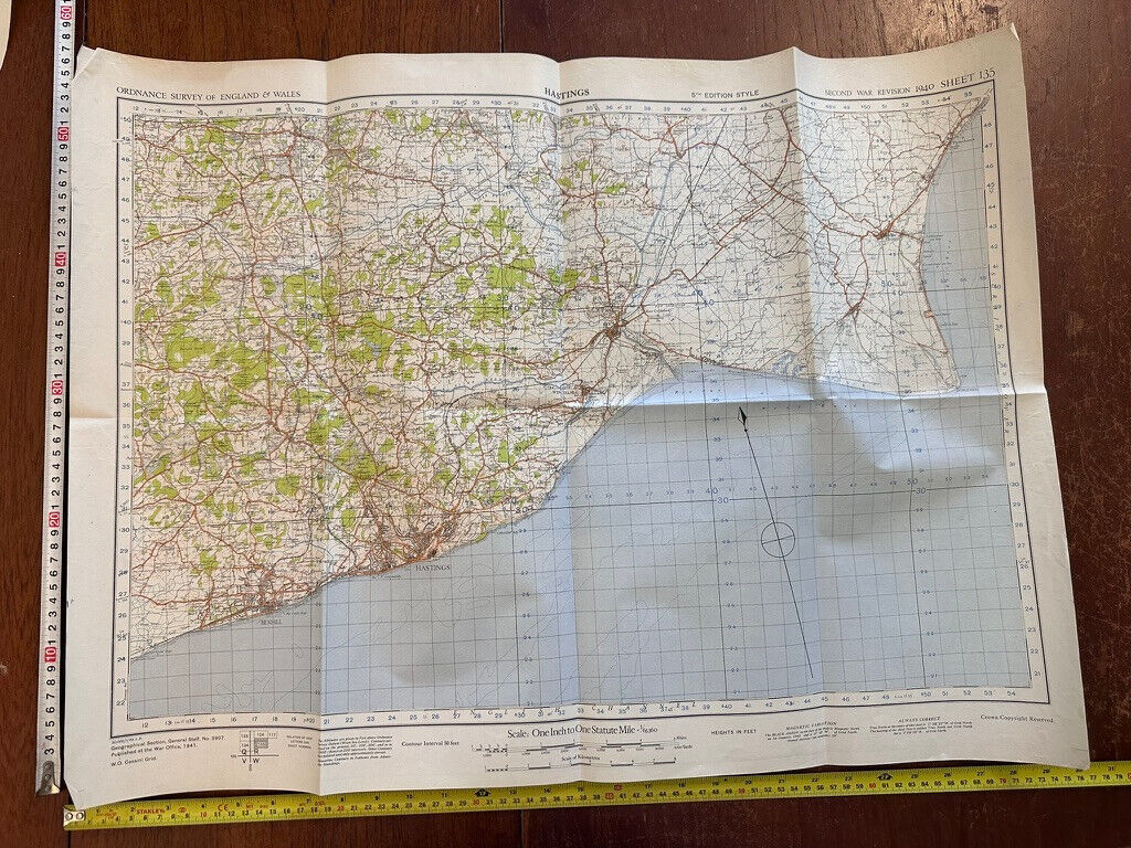 Original WW2 British Army GSGS OS Map of England & Wales - Hastings - The Militaria Shop