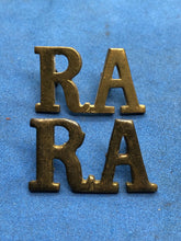 Load image into Gallery viewer, Original WW2 British Army Royal Artillery RA Brass Shoulder Titles Pair
