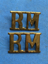 Load image into Gallery viewer, Original WW2 British Royal Navy Royal Marines Brass Shoulder Titles Pair
